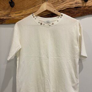 Sandro Paris Designer Oversized White Shirt with Gold and Silver Jewelled Detail